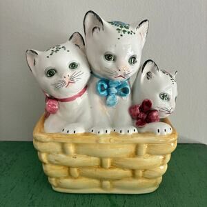 Vintage Italian Ceramic Cat Piggy Bank Kitten Basket Figurine